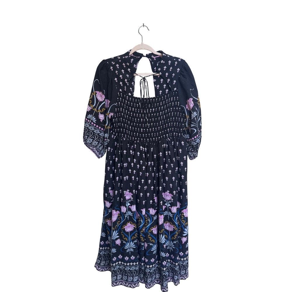 Anthropologie A+ Floral Smocked Midi Dress Black Purple Plus Boho Size 1X